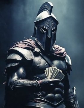 A confident, fully armored knight in dark metallic plate armor with an ornate plumed helmet stands shrouded in moody blue mist, holding a winning hand of playing cards—symbolizing a trader's victorious streak that aligns perfectly with the post's claim that "TRADER MONEYLORD IS UP $250,000 TODAY," casting him as the triumphant card-slinger of the financial battlefield.