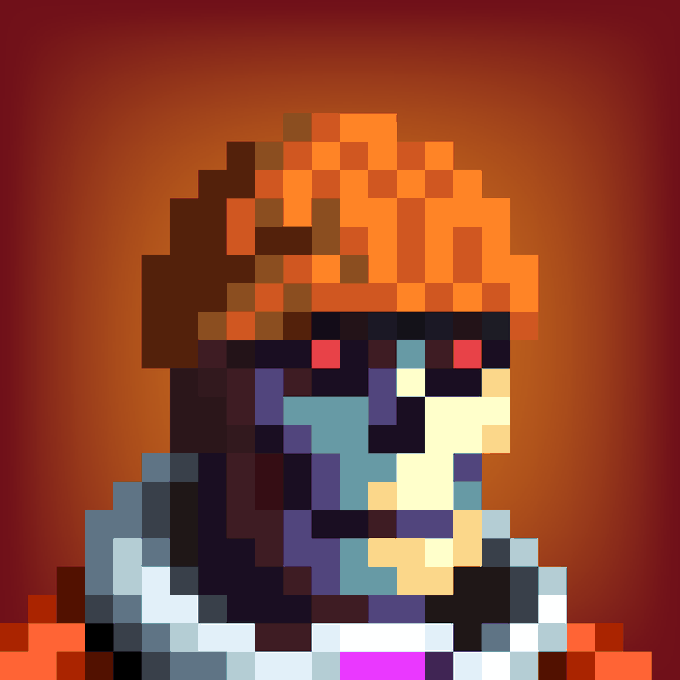 A pixel art portrait of a character with orange hair, purple skin, and glowing red eyes against a warm reddish-brown background.