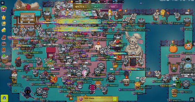 A chaotic, crowded in-game screenshot of a 2D isometric MMORPG or social game, featuring numerous character avatars and usernames like 'Orsie', 'Notterox', and 'Bandit'.