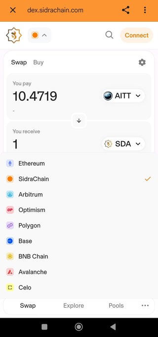 A mobile screenshot of the SidraChain DEX (dex.sidrachain.com) showing a token swap interface where users can pay 10.4719 AITT to receive 1 SDA, with SidraChain currently selected as the active network. The image showcases the launch of the decentralized exchange platform for the Sidra ecosystem, aligning with the "#sidrafamily" announcement.