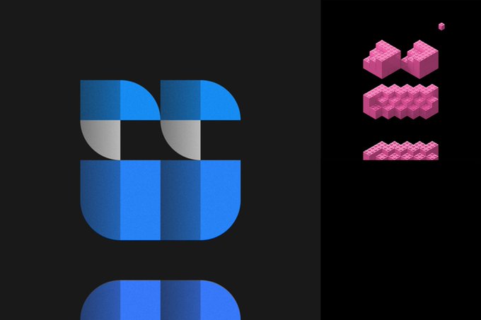 An abstract digital graphic features a blue and white geometric shape resembling a stylized letter "B" or "S" on the left, and pink 3D block formations on a black background on the right.