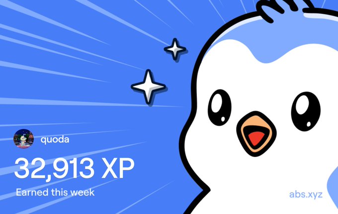 An Abstract platform graphic shows user 'quoda' earned 32,913 XP this week, featuring a blue and white cartoon bird mascot with sparkle effects.