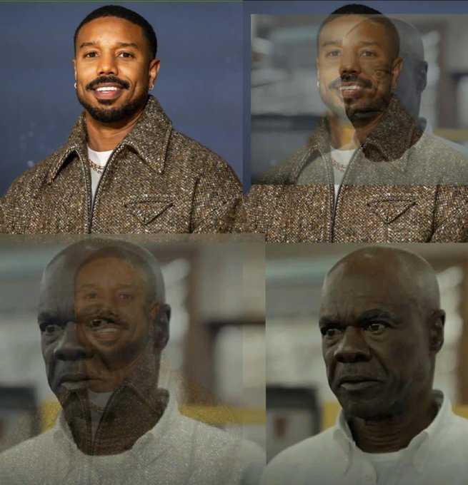 A four-panel image displays a progressive visual transition or morph effect blending the face of actor Michael B. Jordan into the face of another bald man.