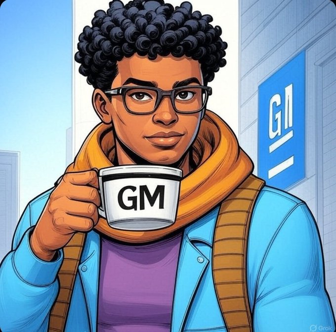 An illustrated cartoon-style image of a young Black man with curly hair and glasses, holding a white mug labeled 'GM' with a 'GM' sign in the background, signed by 'Grok'.
