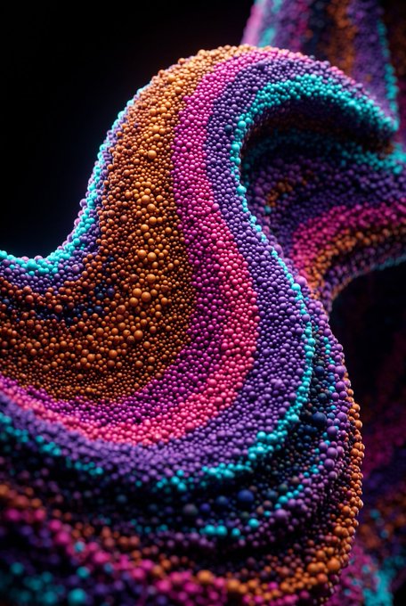 A vibrant 3D abstract artwork of a flowing wave-like form made of densely packed colorful beads in shades of orange, pink, purple, and teal.