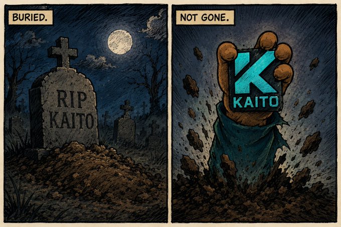 A two-panel comic illustration: left panel shows a grave reading 'RIP KAITO' under a full moon with the caption 'BURIED.', right panel shows a hand rising from the dirt holding a phone displaying the 'K KAITO' logo with the caption 'NOT GONE.'