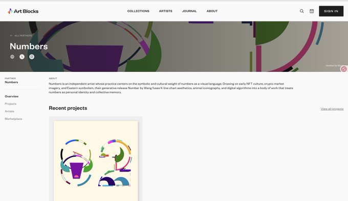 A screenshot of the Art Blocks website displays the 'Numbers' collection page, with a header image and a description of the artist, alongside an abstract recent project thumbnail.