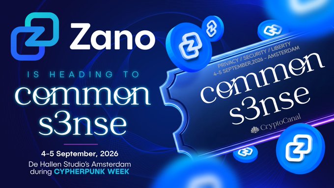 The image features a poster or banner with two blue circles containing white text that reads "Zano is heading to Common S3nse this year." The poster also includes an event date of "4-5 September, 2026" and a location for the event as "Dhalo Studios Amsterdam".