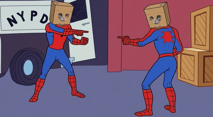 An illustration shows two figures with cardboard boxes on their heads, dressed in Spider-Man costumes, pointing fingers at each other in a standoff near an NYPD vehicle and wooden boxes.
