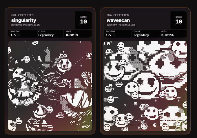 Two dark-toned NFT-style cards labeled 'singularity' and 'wavescan', both 'FNA CERTIFIED pattern recognition', 'Legendary' class, Grade 10, with generative skull pixel art.