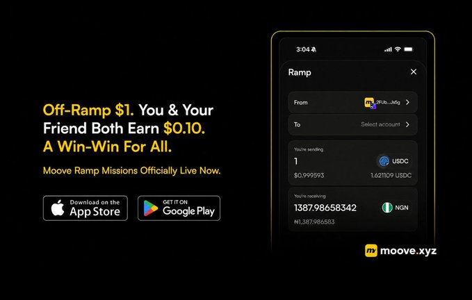 An advertisement for the 'moove.xyz' crypto app promotes Off-Ramp missions, offering $0.10 for a $1 off-ramp transaction, showing a phone interface converting USDC to NGN.