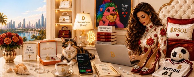 A wide AI-generated scene showing a woman working on a laptop in a luxurious room with a sleeping cat, "$RSOL" branding, Bitcoin symbols, books, high heels, a soccer ball, and a "Beauty Will Save The World" sign.