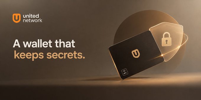 An advertisement for United Network shows a black card with a 'U' logo alongside a shield with a lock icon, accompanied by the tagline 'A wallet that keeps secrets.'