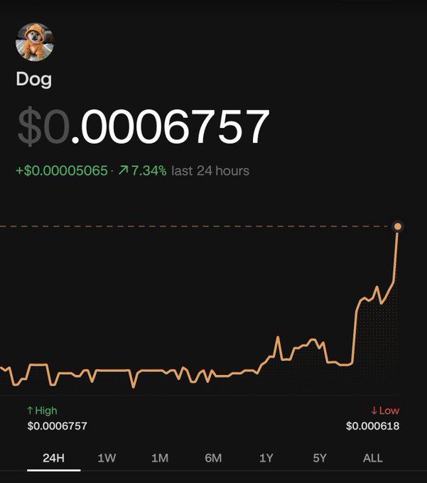 A cryptocurrency price chart for 'Dog' showing a price of $0.0006757 with a 7.34% increase over the last 24 hours and a low of $0.000618.