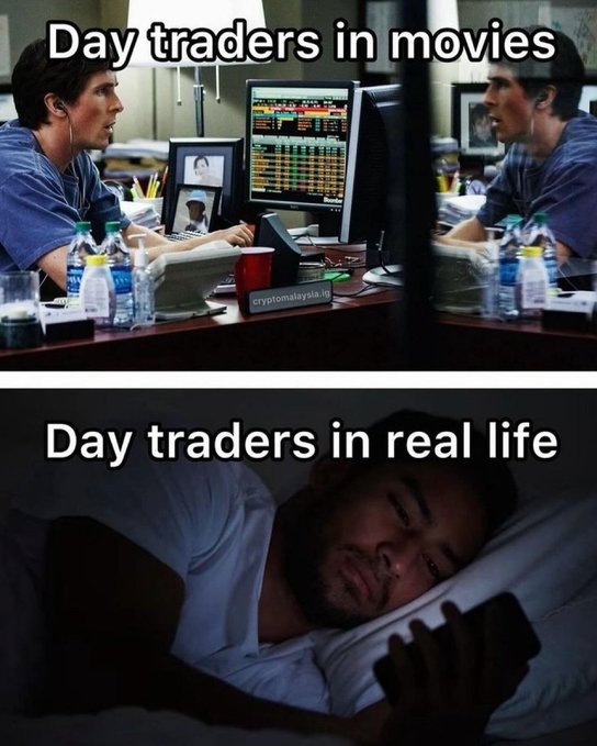 A meme comparing 'Day traders in movies' (showing intense traders at screens) with 'Day traders in real life' (showing a man sleeping).