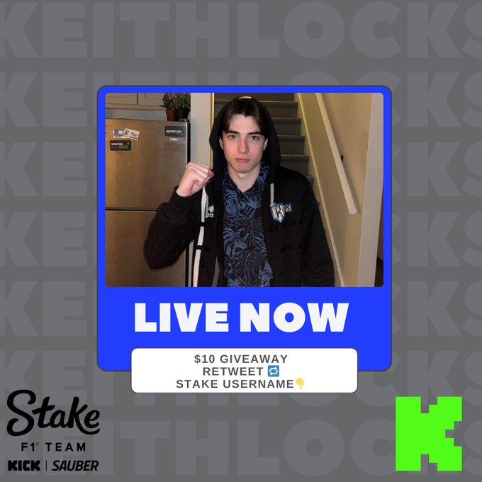 A promotional graphic for Keith Locks featuring a live stream of a hoodie-wearing young man, sponsored by Stake F1 Team Kick Sauber, advertising a '$10 GIVEAWAY' for retweeting and staking a username.