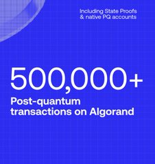 A blue promotional graphic stating "500,000+ Post-quantum transactions on Algorand" with a note about State Proofs and native PQ accounts.