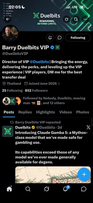 A Twitter/X profile for 'Barry Duelbits VIP' (@DuelbitsVIP) reposting 'Duelbits' announcement about 'Introducing Claude Gamba 5: a Mythos-class model that we've made safe for gambling use.'