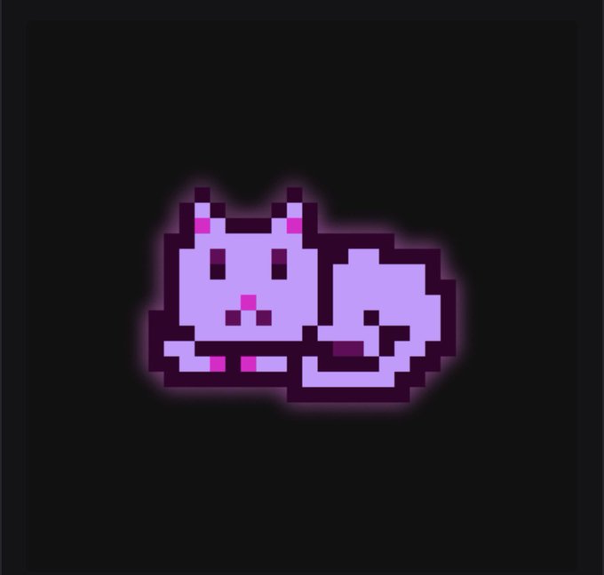 A pixel art illustration of a cute purple cat with pink accents, glowing against a black background.