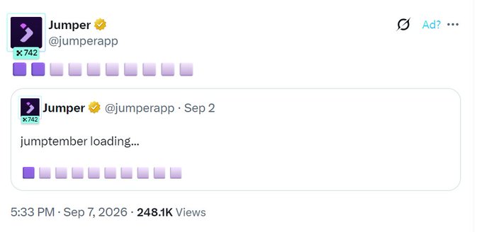 A tweet from Jumper (@jumperapp) dated September 2 reads "jumptember loading..." surrounded by purple loading bar emojis, posted on September 7, 2026 with 248.1K views, teasing upcoming announcements ahead of the speculated October 17-18 dates for a potential $JUMP airdrop, token sale, new product, or studio launch.