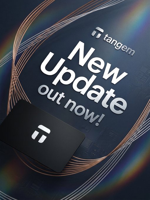 A promotional graphic featuring the text "tangem" and "New Update out now!" with a black card displaying the tangem logo, set against a dark blue background with copper wire-like swirls and a circuit board pattern.