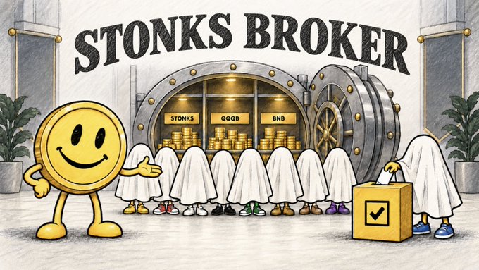 A smiling yellow coin mascot stands beside a bank vault displaying "STONKS BROKER" with stacks of coins labeled "STONKS," "QQQB," and "BNB," while a lineup of sheeted ghost figures awaits to be unveiled—one holding a checked ballot box—visually illustrating the upcoming reveal of 7,777 unique NFT artworks backed by the shown token reserves.
