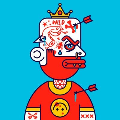 The image features a cartoon-like depiction of a person wearing a red shirt with yellow stars and gold accents. The individual has multiple tattoos on their face and arms, giving them a unique appearance. They are also holding a cross and arrows, which further emphasize their distinctive style. The background is blue, providing a stark contrast to the vibrant colors of the person's attire.

The image includes text that reads "Wild", "Warrior", and "Focus on what is in the image". These words seem to be part of the overall theme or message being conveyed by the artist.