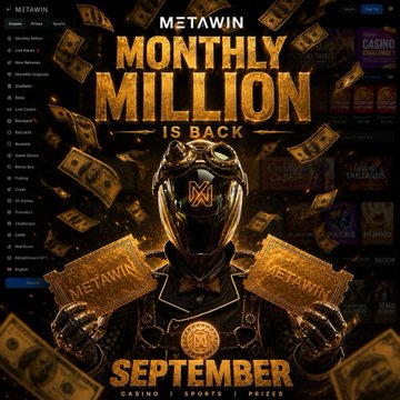 The image is a promotional graphic for MetaWin's "Monthly Million" September campaign, featuring a stylized golden figure in a suit holding MetaWin-branded cash, with the headline "MONTHLY MILLION IS BACK" displayed prominently over a background of falling money. It ties directly to the post's announcement of MetaWin giving away another $1,000,000 to players who deposit on metawin.com during September.