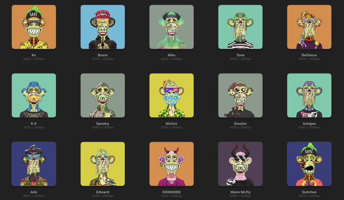 The image displays a 3x5 grid of 15 colorful, pop-art style digital portraits of Bored Ape Yacht Club mutant characters, each with a unique name (such as Kv, Boom, Niko, Tone, Defiance, K.V, Spooky, Matizo, Smolov, Amigoe, Adx, Edward, GODMODE, Mane Mcfly, and Dutchee) listed below alongside identifiers like "3000 x 3000px," showcasing the artist's available commission options for transforming apes into custom portraits.