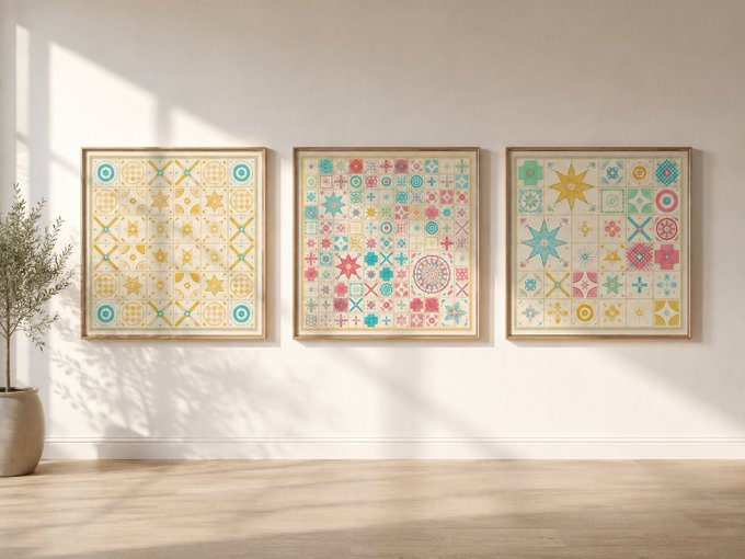 Three framed geometric tile-art prints in pastel colors displayed on a white wall, showcasing star and diamond patterns in turquoise, pink, yellow, and green tones.