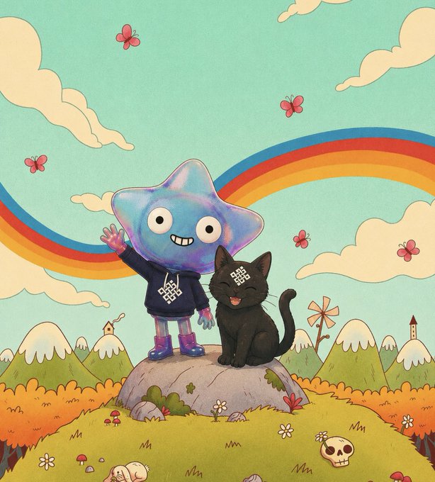 A colorful illustration of a smiling star-shaped character waving next to a black cat, set against a rainbow, clouds, and butterflies in a whimsical landscape.