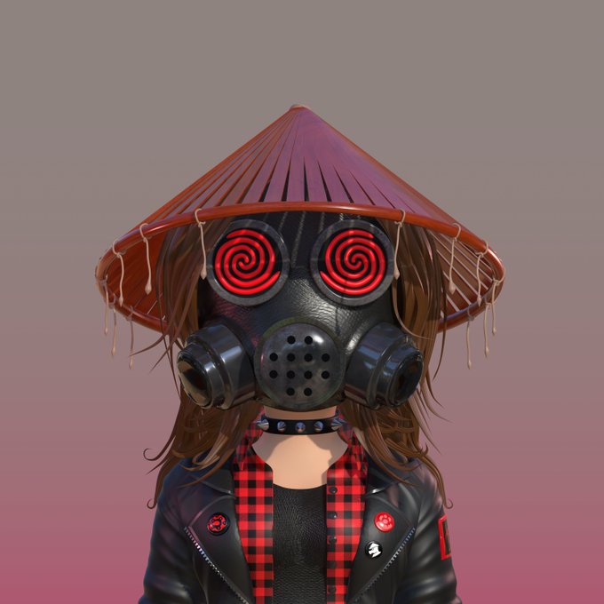 A 3D-rendered character wearing a conical hat, a black gas mask with red spiral eyes, a spiked choker, and a red and black checkered shirt under a leather jacket.