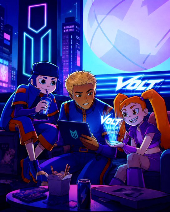 A vibrant neon-lit illustration shows three animated characters—a cap-wearing figure sipping a drink, a blonde with a "VOLT" laptop, and a red-haired girl casting a glowing "VOLT" hologram—gathered in a futuristic cyberpunk cityscape, visually embodying the community-first, creative-driven ethos of the Volt NFT project on Robinhood Chain rather than a speculative JPEG drop.