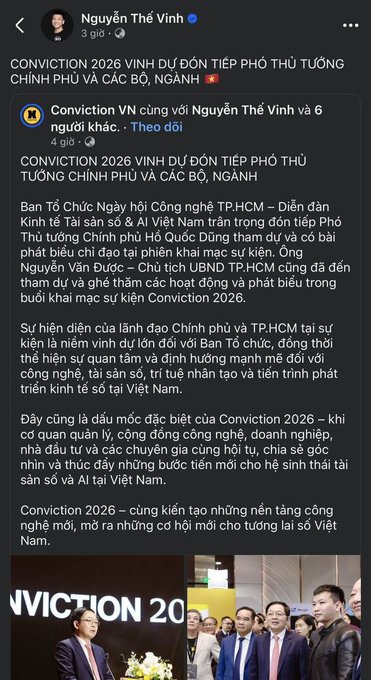 A Facebook post by Nguyễn Thế Vinh announces the Conviction 2026 event in Ho Chi Minh City, highlighting Prime Minister Phạm Minh Chính's attendance and featuring a photo of officials at the venue. The post promotes the event as a major technology gathering, aligning with the claim of organizing the largest digital assets event of 2026 with high-level government participation.