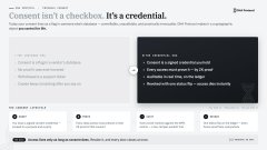 A webpage screenshot with the headline 'Consent isn't a checkbox. It's a credential.' discussing consumer control over personal data.