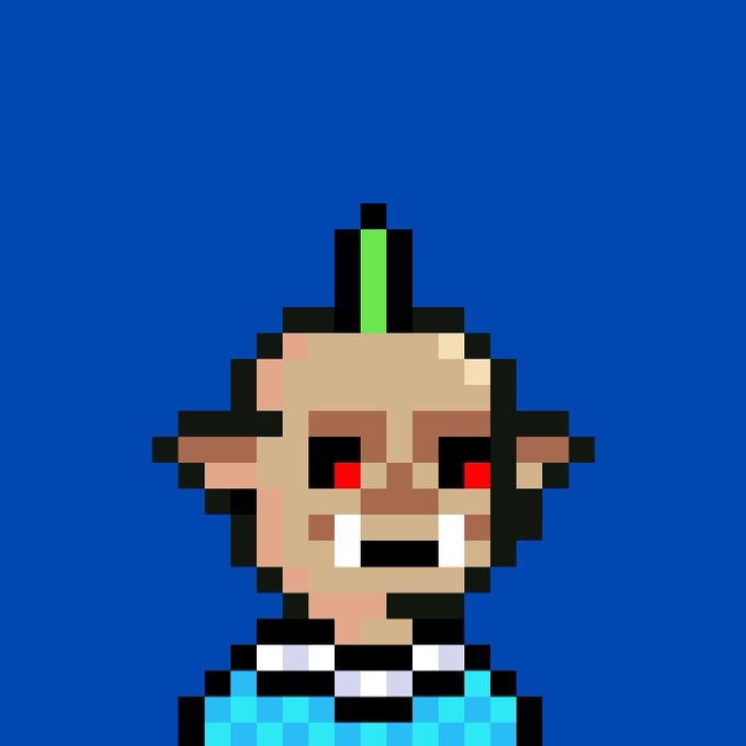 A pixel art portrait of a character with brown skin, pointed ears, red eyes, white fangs, and a green mohawk, wearing a cyan and white outfit against a blue background.