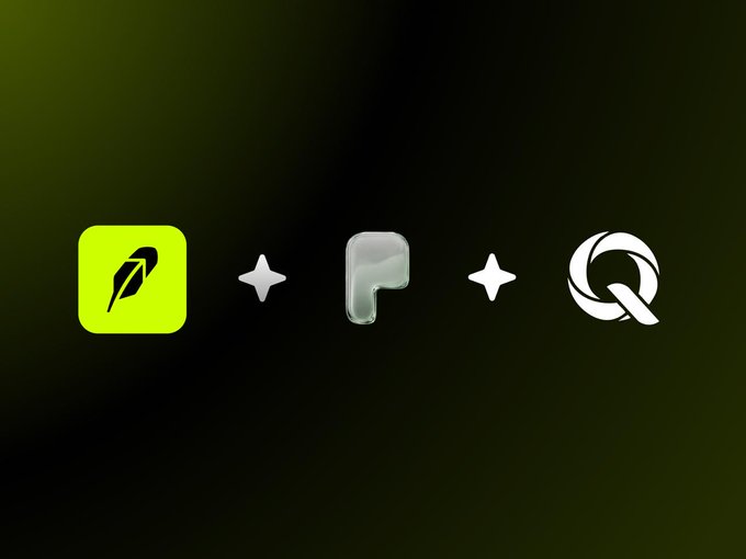 A dark gradient background featuring a row of icons separated by sparkles, including a green Robinhood app icon, a gray 'P' shape, and a white 'Q' logo.