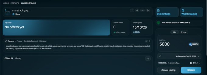 A screenshot of the azurtrading.xyz domain marketplace interface showing a listing setup for the domain with a list price of 5000 USDC.e.