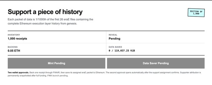 The image shows a Web3 minting page titled "Support a piece of history" offering 1,000 receipts at 0.05 ETH each, corresponding to 1/1000th of the first 26 eraE files containing complete Ethereum execution layer history from genesis. This aligns with the post announcing FWAir Launch's first collection following the genesis launch, with the 1,000 supply and 0.05 ETH mint price matching the listed inventory and backing details on the page.