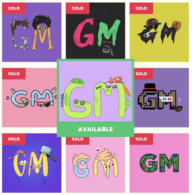 A 3x3 grid of "GM" (Good Morning) themed digital collectibles/NFTs, with the center green one marked "AVAILABLE" featuring cartoon snakes forming the letters, while the surrounding eight are marked "SOLD" with various creative designs.