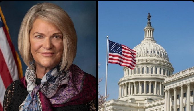 A side-by-side image shows Senator Cynthia Lummis, a Republican from Wyoming, alongside the U.S. Capitol building, visually connecting her to the federal government as she makes bold predictions about Bitcoin's potential to reach a $200 trillion market cap and $9.5 million per coin.