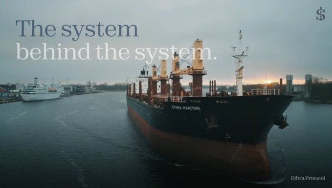 A large cargo ship labeled "ETHRA MARITIME" sails through a harbor at dusk, with overlaid text reading "The system behind the system" and "Ethra Protocol." The image visually reinforces the post's message about how real-world assets like maritime vessels involve complex industries, processes, and expertise beyond just their price, highlighting Ethra's approach to bringing shipping assets onchain along with operational knowledge.