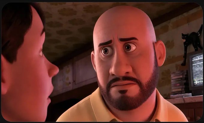 Animated scene featuring a bald man with a beard looking surprised as he speaks with another character in a room