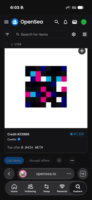 A screenshot of OpenSea showing a listing for "Credit #23886" with 7,315 likes, priced at a top offer of 0.0424 WETH—illustrating Jack Butcher's viral "Credit" NFT success story where he transformed a small investment into substantial returns.
