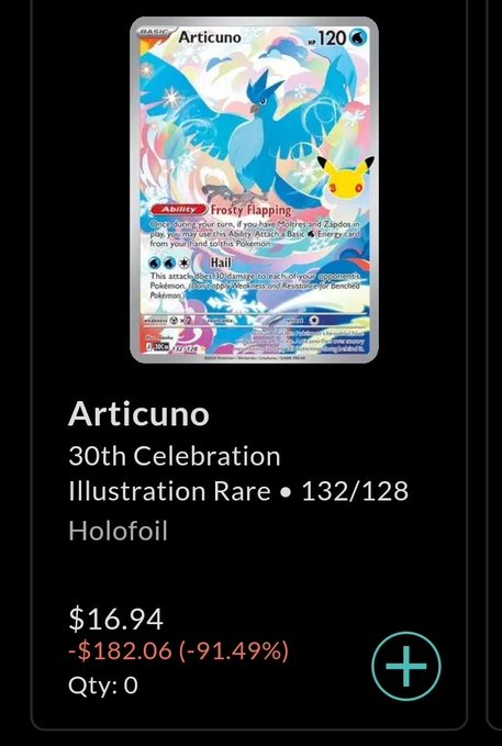 The image shows a Pokémon TCG "Articuno" 30th Celebration Illustration Rare Holofoil card (132/128), now listed at $16.94, down 91.49% (-$182.06) from its previous price, illustrating the post's theme of a steep market crash in just days.