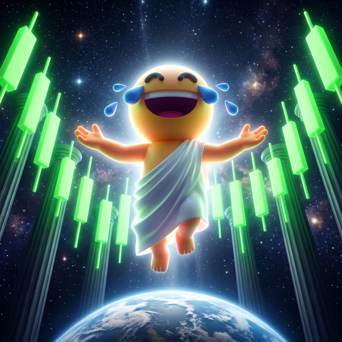 A 3D rendered laughing-crying emoji character draped in a toga floats above Earth, surrounded by green-lit columns against a starry galaxy background.