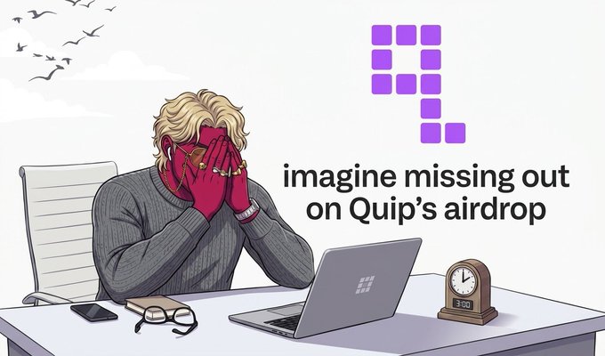A promotional illustration featuring a blonde man in a gray sweater burying his face in his hands at a desk with a laptop, accompanied by the text 'imagine missing out on Quip's airdrop' and a purple Quip logo.