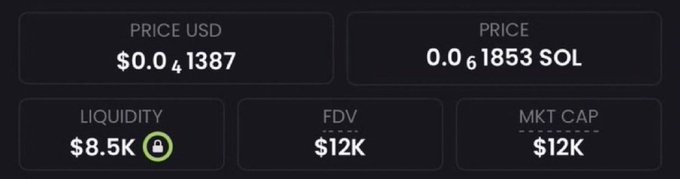 A dark-themed crypto statistics dashboard displays a token priced at $0.041387 USD (0.061853 SOL) with only $8.5K liquidity and a $12K market cap/FDV, illustrating the extremely low-value microcap coin being promoted in the accompanying post that promises a 1000x return to $10 million.