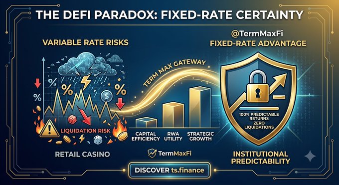 Infographic titled 'THE DEFI PARADOX: FIXED-RATE CERTAINTY' by @TermMaxFi, contrasting 'VARIABLE RATE RISKS' and 'RETAIL CASINO' with 'FIXED-RATE ADVANTAGE' and 'INSTITUTIONAL PREDICTABILITY', directing viewers to 'ts.finance'.