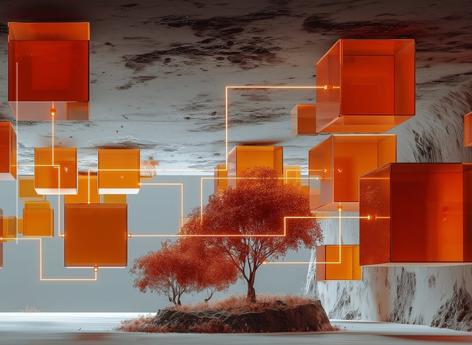 A surreal digital art piece featuring red-leaved trees on a small island surrounded by water, with floating translucent orange cubes connected by glowing lines against a dramatic cloudy sky.